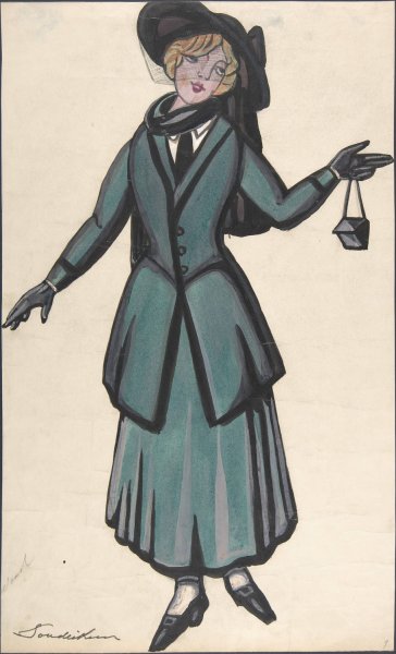 Woman wearing a blue-green suit by Sergey Yurievich Sudeikin - Hand-Painted Oil Painting Reproduction