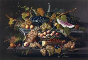 Elaborate Still Life with Silver Basket of Plums painting by Severin Roesen