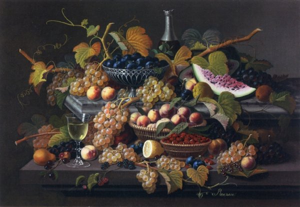 Elaborate Still Life with Silver Basket of Plums by Severin Roesen - Hand-Painted Oil Painting Reproduction