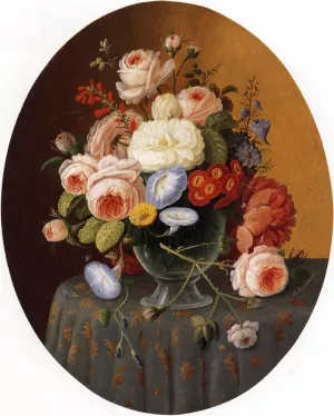 Floral Arrangement in a Glass Vase on a Clothed Table painting by Severin Roesen