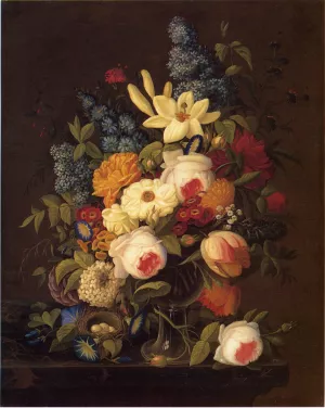 Floral Still Life with Nest of Eggs by Severin Roesen - Oil Painting Reproduction