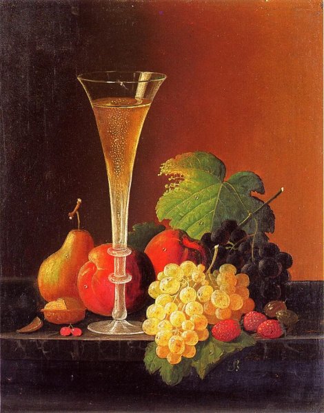 Fruit and a Glass of Champagne on a Tabletop by Severin Roesen - Hand-Painted Oil Painting Reproduction
