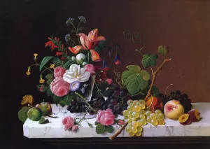 Fruit and Flowers on a Marble Table Ledge painting by Severin Roesen