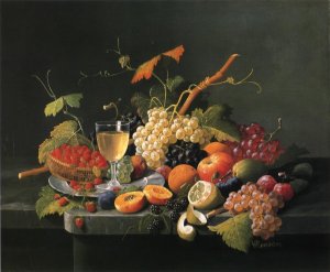 Fruit on a Marble Ledge with Wine Glass Oil painting by Severin Roesen