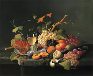 Fruit on a Marble Ledge with Wine Glass by Severin Roesen - Oil Painting Reproduction