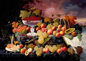 Fruit Still Life in a Landscape by Severin Roesen Oil Painting