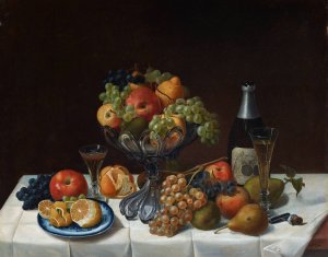 Fruit Still Life with Champagne Bottle by Severin Roesen Oil Painting
