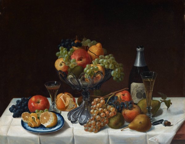 Fruit Still Life with Champagne Bottle  by Severin Roesen - Hand-Painted Oil Painting Reproduction