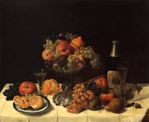 Fruit Still Life with Champagne Bottle Oil painting by Severin Roesen