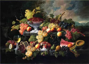 Fruit Still Life with Wine Glass in a Landscape Oil painting by Severin Roesen