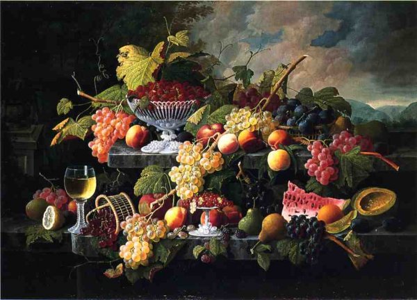 Main Product Photo of Fruit Still Life with Wine Glass in a Landscape Painting by Severin Roesen