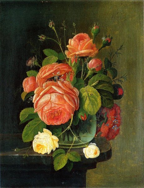 Roses on a Tabletop by Severin Roesen - Hand-Painted Oil Painting Reproduction
