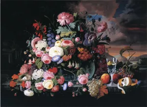 Still Life of Flowers and Fruit with a River Landscape in the Distance