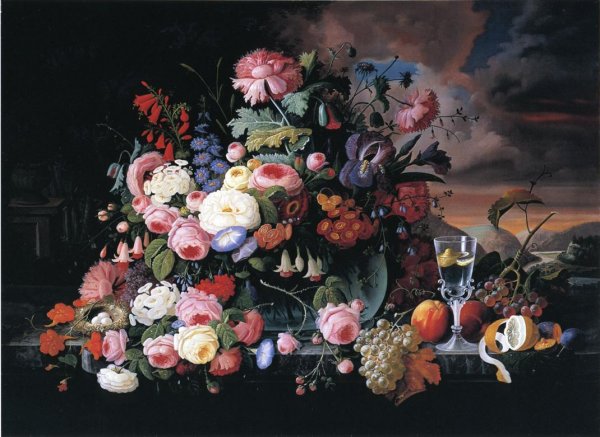 Still Life of Flowers and Fruit with a River Landscape in the Distance by Severin Roesen - Hand-Painted Oil Painting Reproduction