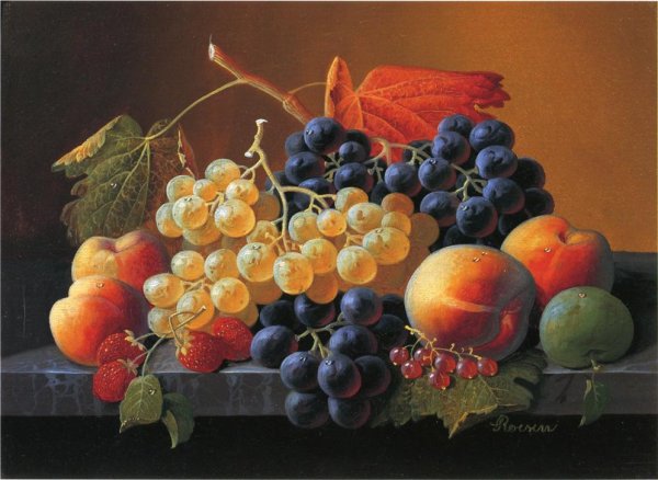 Still Life of Fruit on a Marble Tabletop by Severin Roesen - Hand-Painted Oil Painting Reproduction