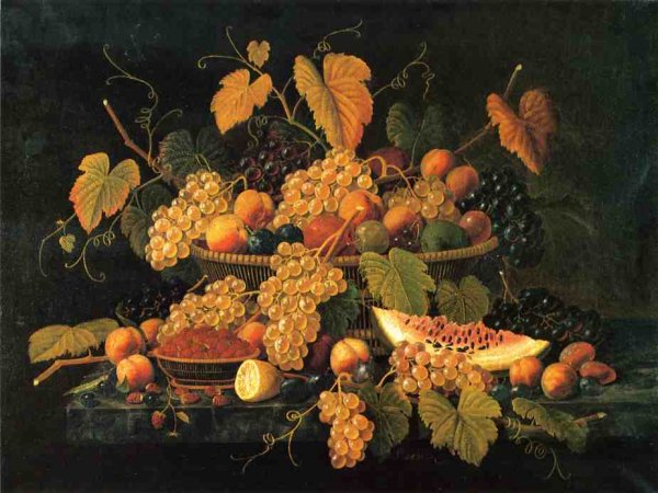 Still Life with Basket of Fruit by Severin Roesen - Hand-Painted Oil Painting Reproduction