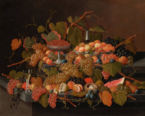Still Life with Fruit and Champagne  by Severin Roesen - Hand-Painted Oil Painting Reproduction