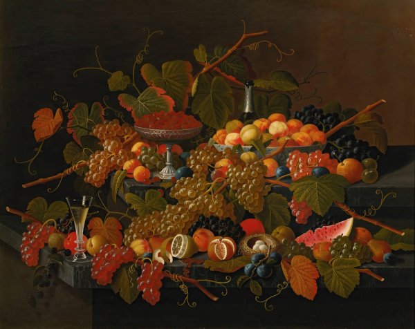 Still Life With Fruit And Champagne by Severin Roesen - Hand-Painted Oil Painting Reproduction
