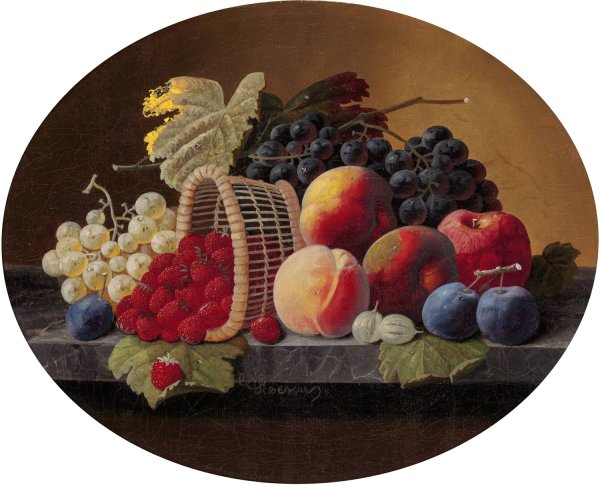 Still Life with Peaches, Grapes and Basket of Strawberries by Severin Roesen - Hand-Painted Oil Painting Reproduction