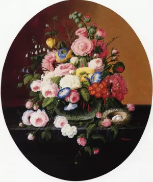 Still Life witih Flowers in a Glass Bowl and Bird's Nest by Severin Roesen - Oil Painting Reproduction