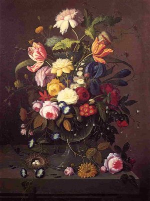 Vase of Flowers in Footed Glass Bowl with Bird's Nest