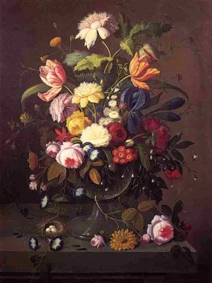 Vase of Flowers in Footed Glass Bowl with Bird's Nest by Severin Roesen - Oil Painting Reproduction