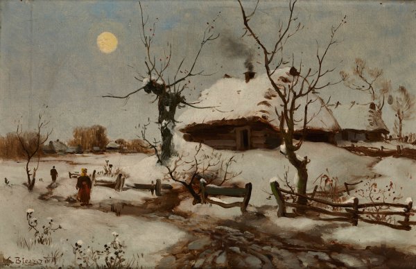 Cottages in Snow  by Seweryn Bieszczad - Hand-Painted Oil Painting Reproduction