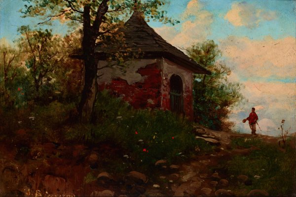 Landscape with a Wayside Shrine  by Seweryn Bieszczad - Hand-Painted Oil Painting Reproduction