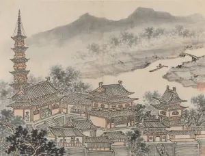 The Thousand Buddha Hall and the Pagoda of the 'Cloudy Cliff' Monastery by Shen Zhou Oil Painting