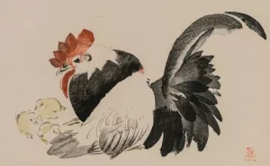 Rooster, Hen, and Chicks by Shibata Zeshin Oil Painting