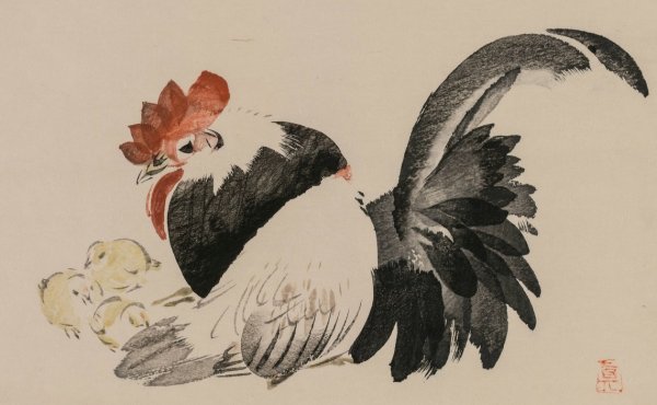 Main Product Photo of Rooster, Hen, and Chicks  Painting by Shibata Zeshin