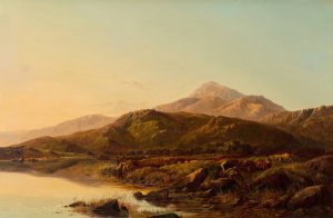A mountain lake in evening light by Sidney Richard Percy Oil Painting