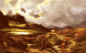 Cattle and Drovers on a Path, Styhead Pass, Cumberland by Sidney Richard Percy - Oil Painting Reproduction