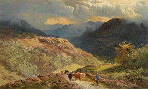 Mountainous Lake Scene With Figures And Cattle by Sidney Richard Percy Oil Painting