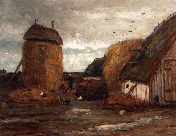 Main Product Photo of A Farmyard With Peasant Women Feeding Chickens Painting by Sientje Mesdag Van Houten