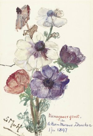 Nieuwjaarsgroet met anemonen by Sientje Mesdag Van Houten Oil Painting