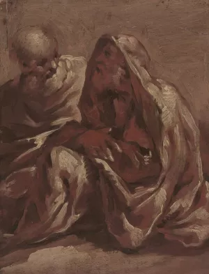 Two Seated Bearded Male Figures by Sigismondo Caula Oil Painting