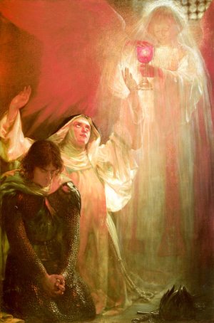 The Vision Of Sir Percivale's Sister Streamed Thro' My Cell A Cold And Silver Beam, And Down The Long Beam Stole The Holy Grail, Rose-Red With Beatings In It, As If Alive by Sigismund Christian Hubert Goetze Oil Painting