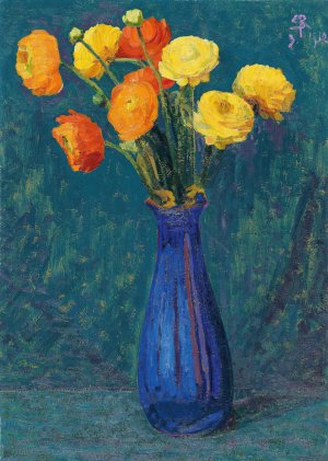 Anemones In Blue Vase by Sigismund Righini Oil Painting