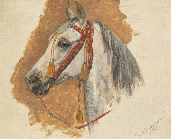 A Horse's Head with Red Bridle  by Sigmund L'Allemand - Hand-Painted Oil Painting Reproduction