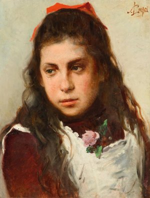 Portrait of a Young Girl with a Red Bow by Silvestro Lega Oil Painting