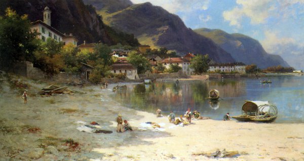 On The Shores of Lake Lecco by Silvio Poma - Hand-Painted Oil Painting Reproduction