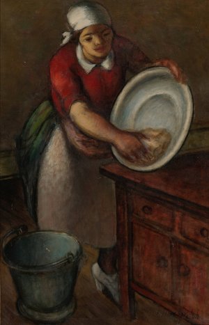 Cleaning a Bowl by Simkha Simkovitch Oil Painting