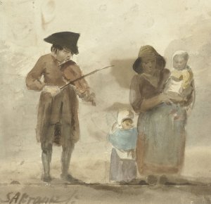 Straatmuzikant met vrouw en kinderen by Simon Andreas Krausz Oil Painting