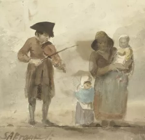 Straatmuzikant met vrouw en kinderen by Simon Andreas Krausz Oil Painting