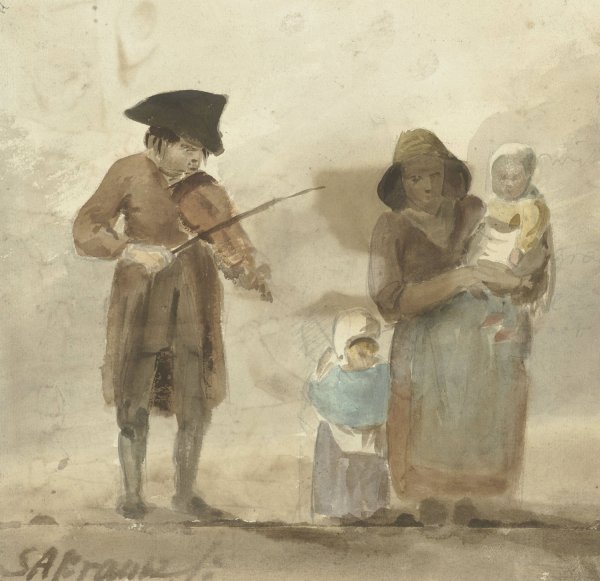 Main Product Photo of Straatmuzikant met vrouw en kinderen  Painting by Simon Andreas Krausz