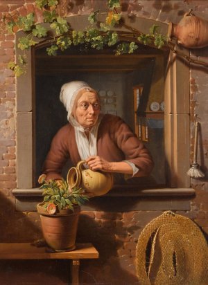 A Peasant Lady Watering A Flower Pot On A Wooden Table With A View Of The Interior Of Her Home In The Background by Simon Besanger Oil Painting