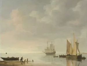 Coastal Scene With Ships Resting On Calm Waters by Simon De Vlieger Oil Painting