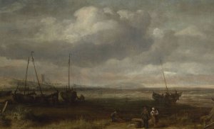 Seaside in Scheveningen with fishing boats by Simon De Vlieger Oil Painting
