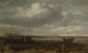 Seaside in Scheveningen with fishing boats by Simon De Vlieger Oil Painting
